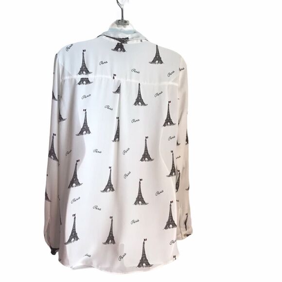 Forever 21 Paris Eiffel Graphic Print Tower Button Down Blouse White S - Picture 5 of 13